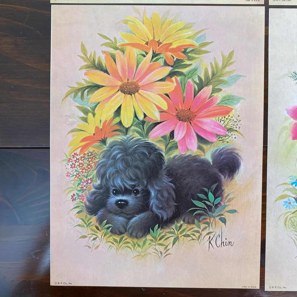 Vintage Puppy Dog Animal Litho Prints 1970s 12"x9” Set of 4 Floral Flawless - Picture 5 of 8